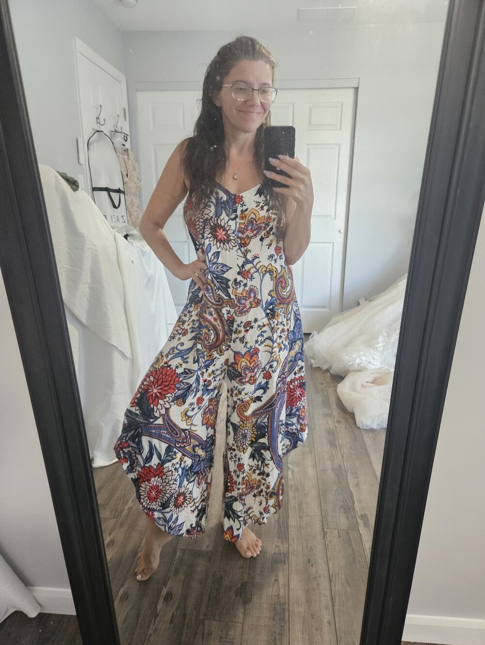 Women's White Floral Paisley Romper with Spaghetti Straps